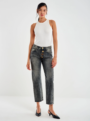 Jeans slim neri slavati con bottoni gioiello