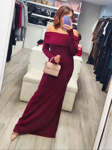 Abito in Cashmere Scollo a Barca Bordeaux e Nero