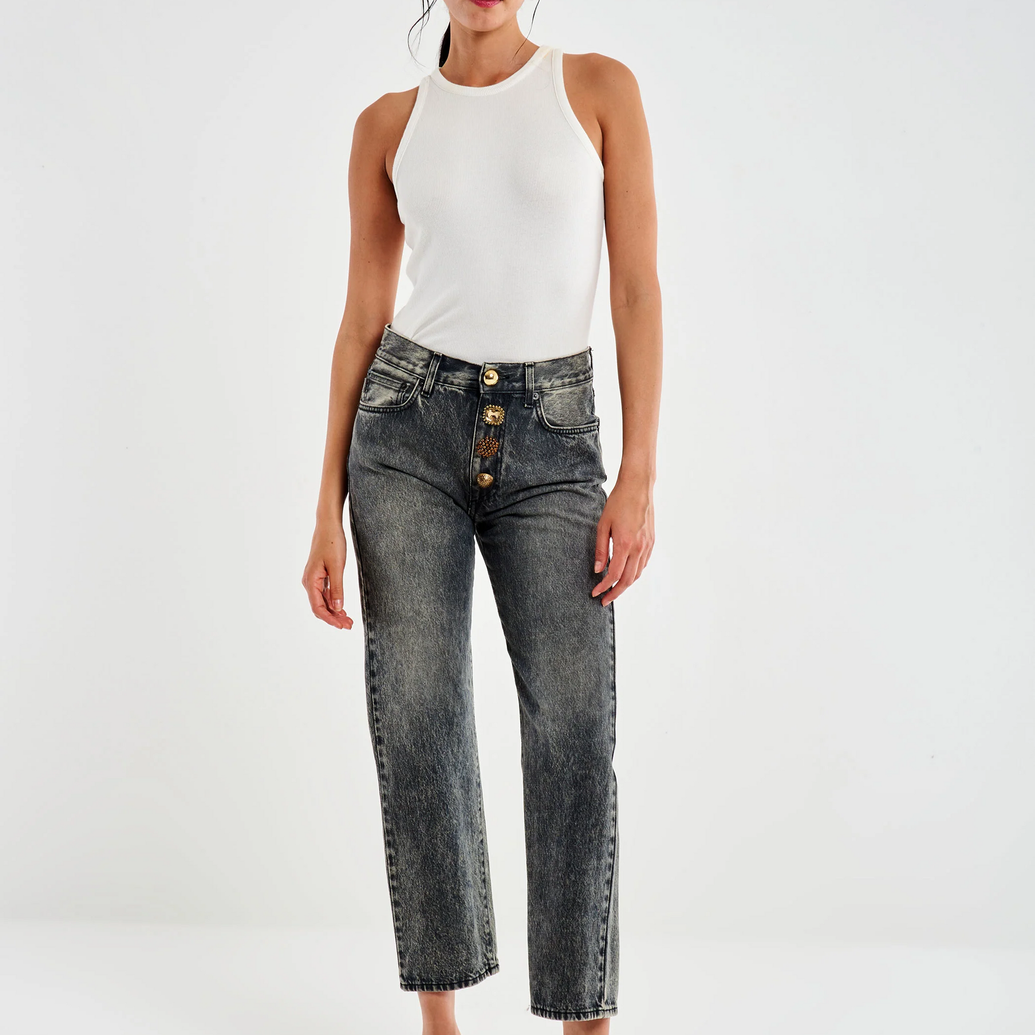Jeans slim neri slavati con bottoni gioiello
