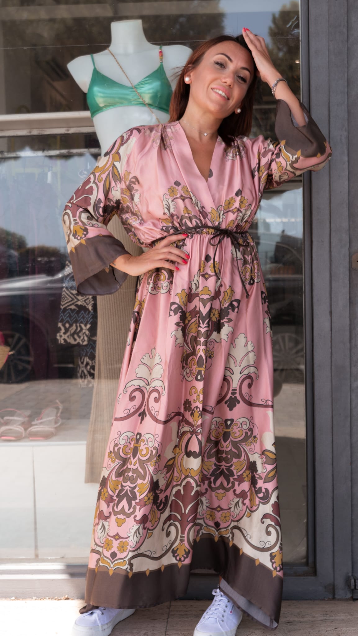 Abito lungo boho-chic in seta fantasia rosa