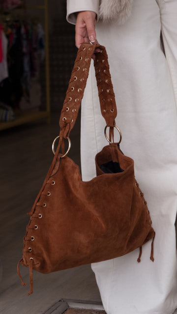 Borsa Susymix in Cammello e Nero con Manici Intrecciati