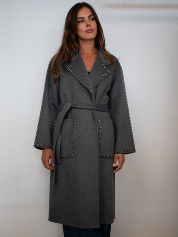 Cappotto Vicolo con Borchie e Cintura in Grigio e Nero