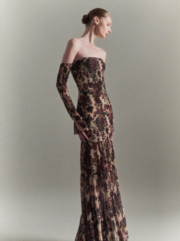 Abito Lungo Fantasia con Maniche Lunghe