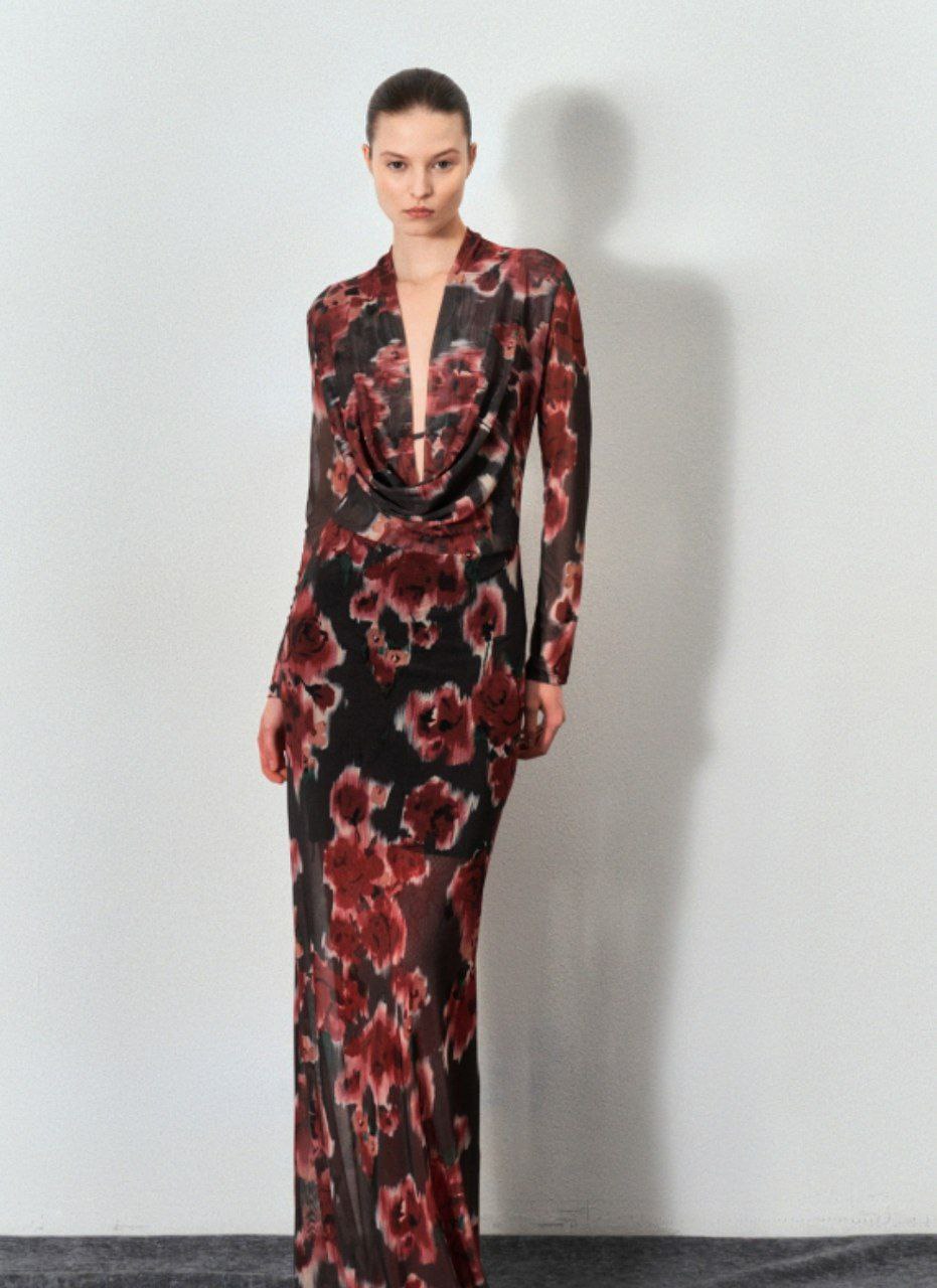 Abito Velato Marrone con Fiori Beige