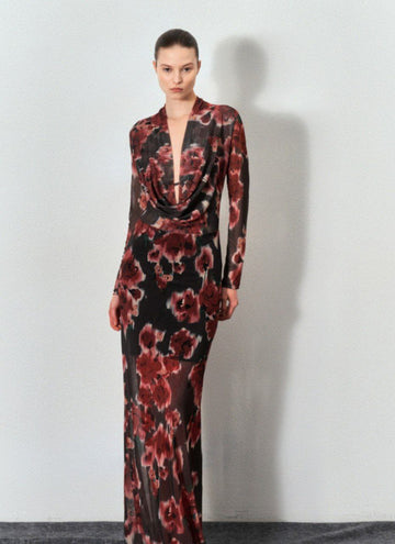 Abito Velato Marrone con Fiori Beige