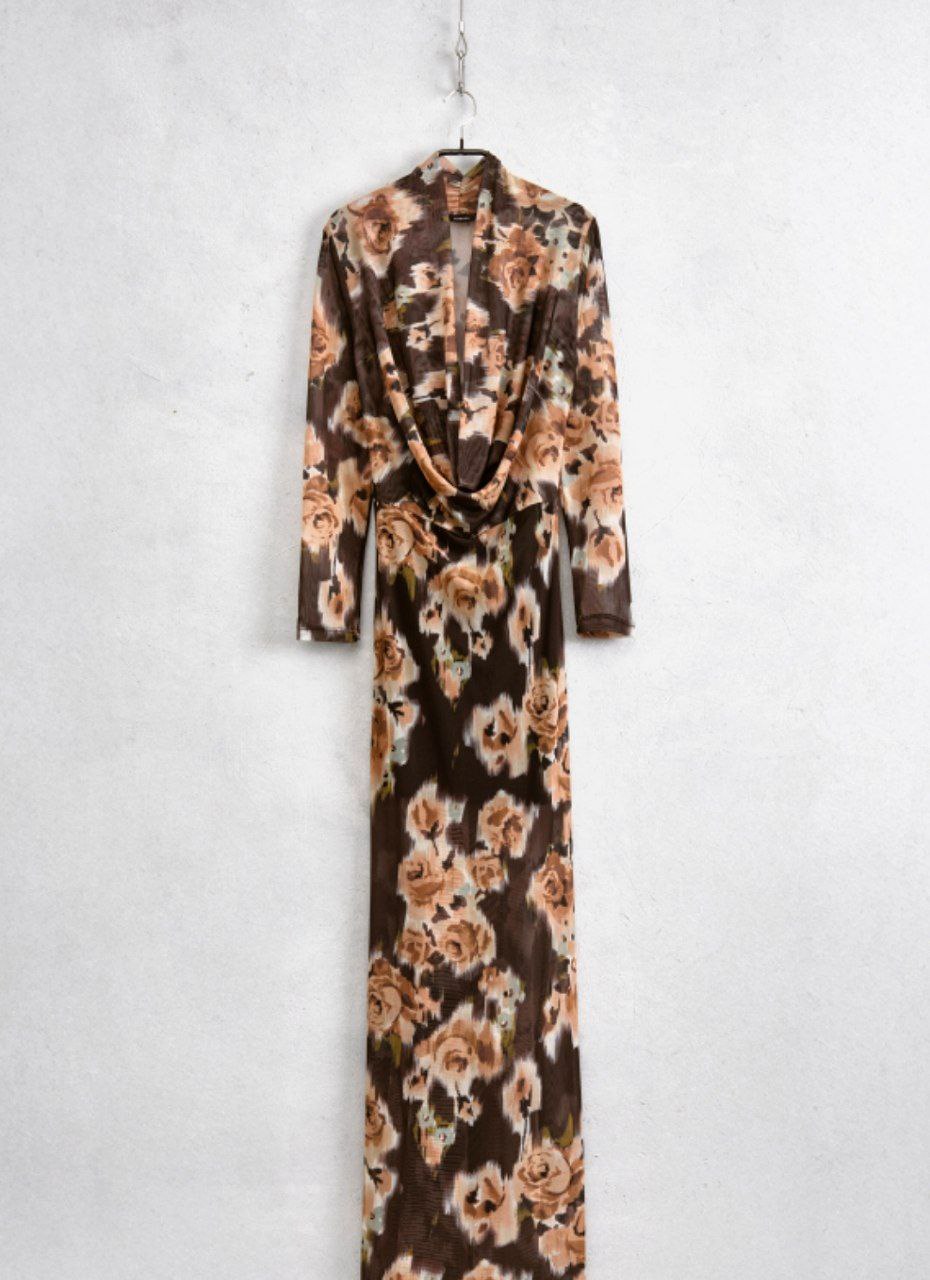 Abito Velato Marrone con Fiori Beige