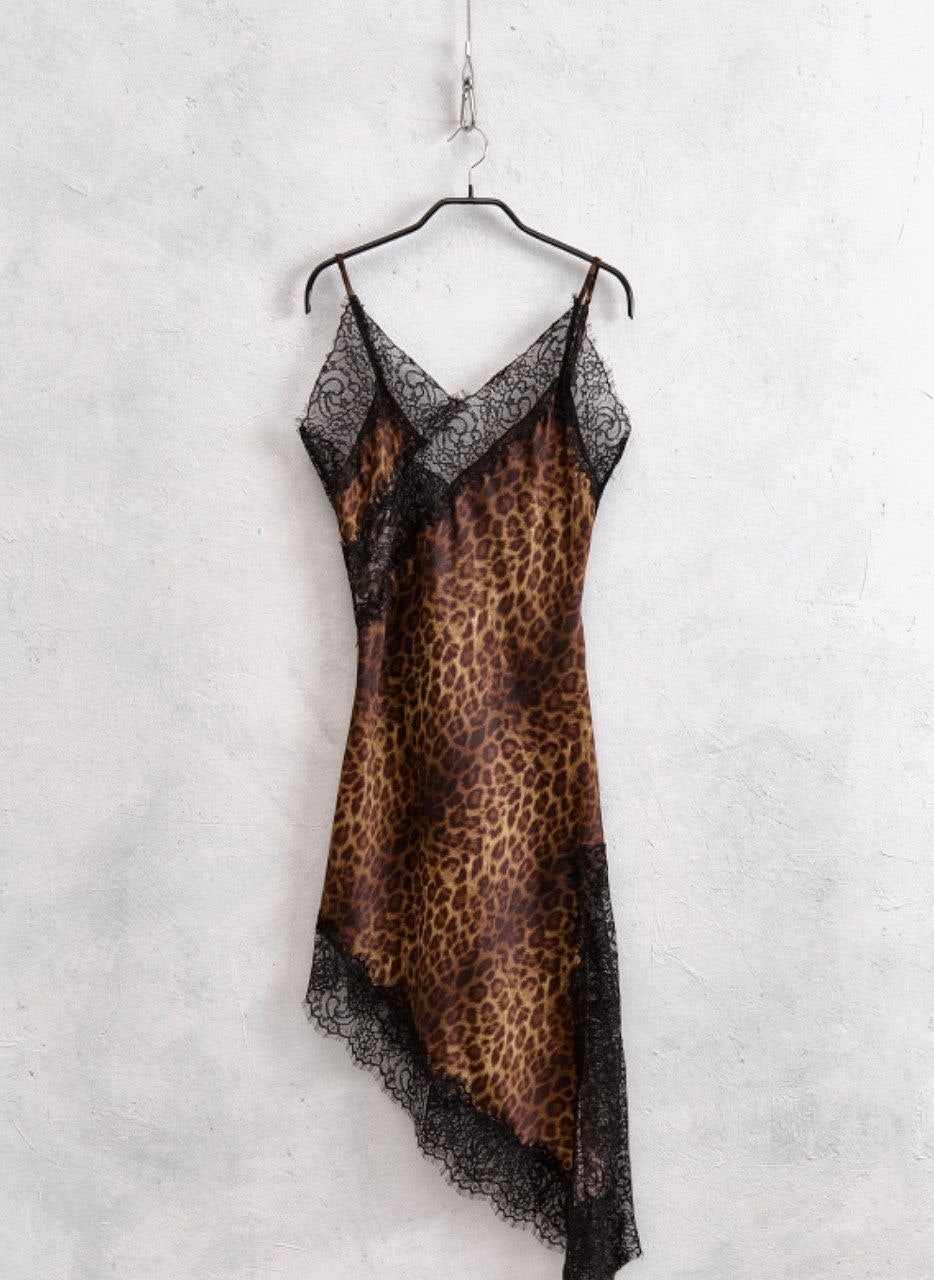 Abito Sottoveste Maculato con Dettagli in Pizzo