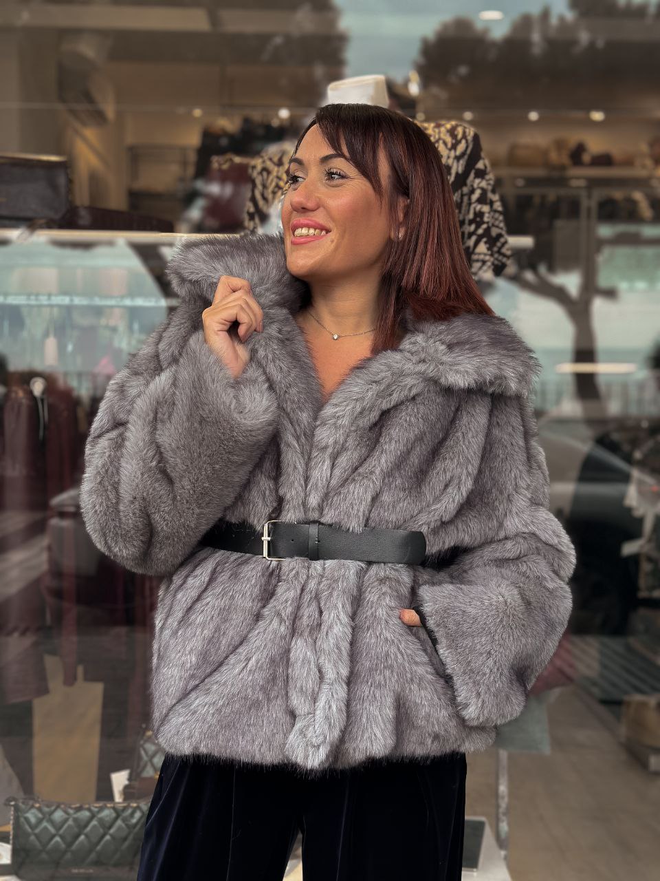 Ecopelliccia Grigia di Vicolo con Cintura
