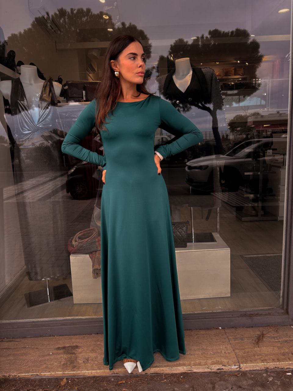Abito Lungo Verde e Nero con Maniche Lunghe