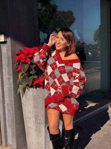 Completo Maglia e Gonna a Righe con Motivo a Rombi