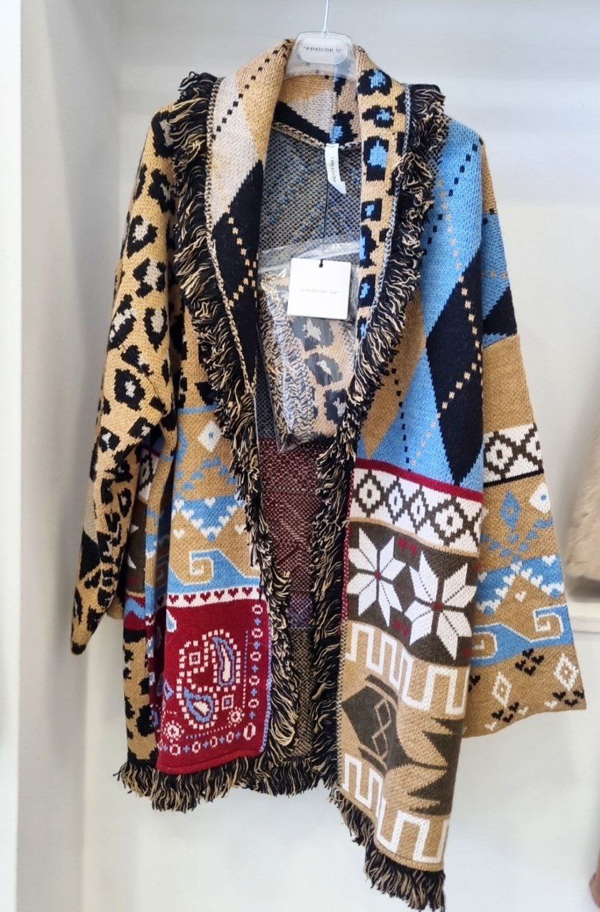 Maxi Cardigan TensioneIn con Cintura e Motivi Geometrici