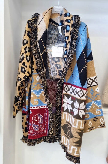 Maxi Cardigan TensioneIn con Cintura e Motivi Geometrici
