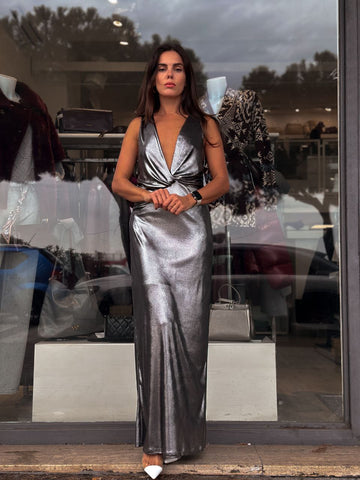 Abito Lungo Vicolo in Argento con Scollo Profondo