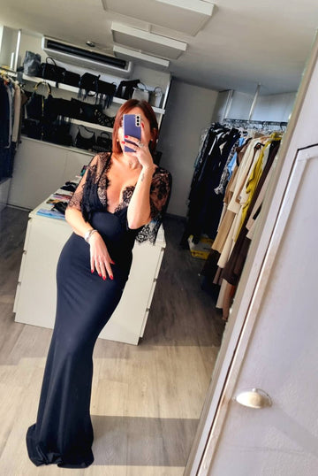 Abito Elegante con Dettagli in Pizzo e Maniche a Sette Ottavi