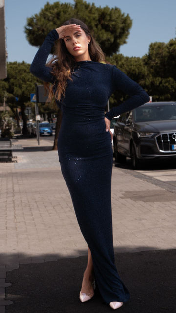 Abito Lungo Lurex Blu con Maniche Lunghe